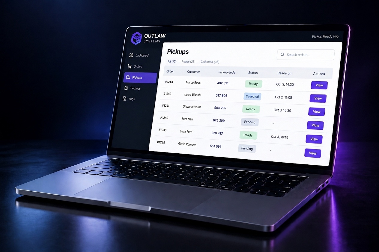 Dimensional laptop showing the Pickup Ready Pro interface